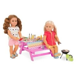 Our Generation Picnic Table Set with Play Food Accessories for 18" Dolls - Pink